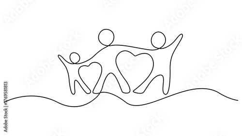 Continuous line vector illustration design of one family is walking. Front view of parents with their little kid holding hands and walking together black linear sketch isolated on white background.