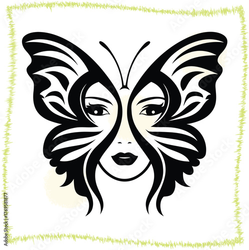 Elegant butterfly woman portrait featuring striking symmetrical design and black and white simplicity perfect for beauty fashion or conceptual artwork with its mysterious gaze