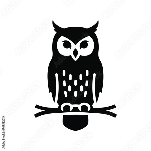 Stylized silhouette owl perched on branch minimalist icon vector art isolated on white background