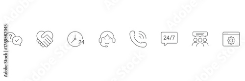 Customer support, communication service, handshake, expert help, 24 hour assistance, teamwork vector icon
