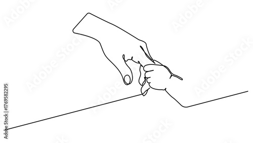 One continuous line drawing of baby kid hand holding mom dad parents hands. Childhood with family. Daughter have bonding with her father. Family doodle outline art line vector illustration