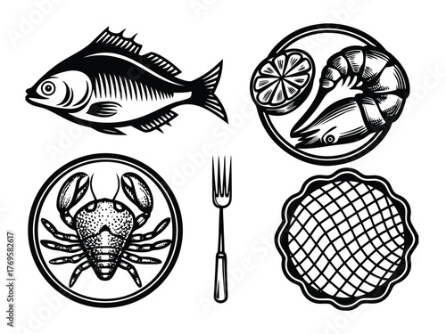 Seafood Icon Vector Set in Vintage Engraving Style