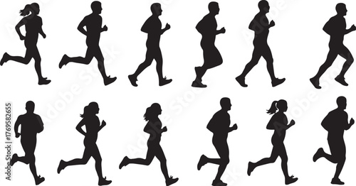 Dynamic running people vector  for fitness, health, and sport concepts. This conceptual icon set is ideal for active lifestyle graphic design, emphasizing human movement and endurance