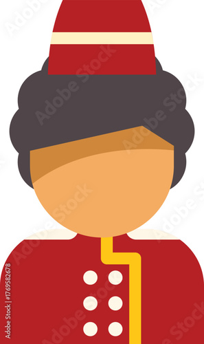 Cartoon illustration of a hotel porter wearing red uniform and traditional hat smiling at work