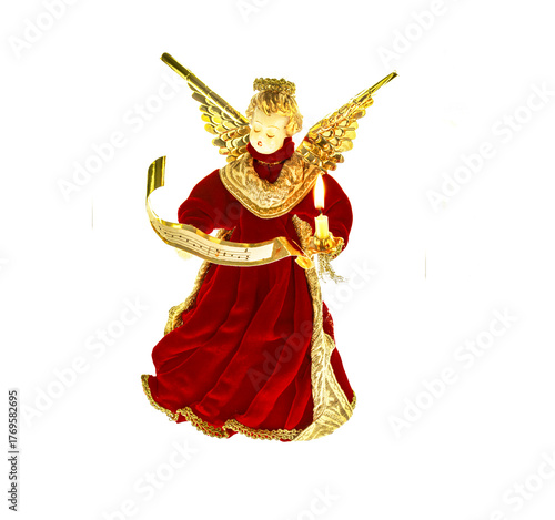 Rauschgoldengel mit Gewand aus rotem Samt isoliert