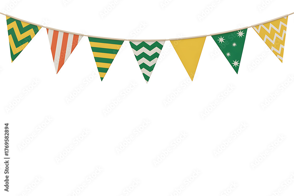 Obraz premium Colorful bunting flags in various patterns, creating a festive and celebratory atmosphere.