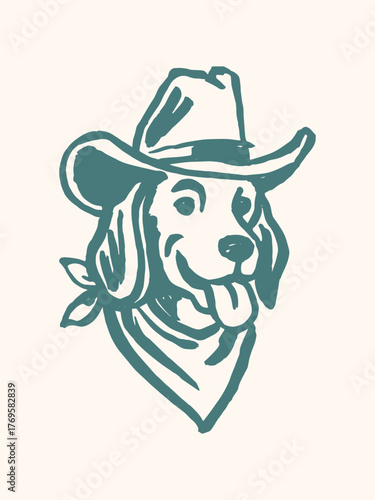 dog in cowboy hat hand drawn vintage sketch vector illustration