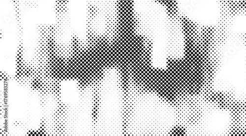 Halftone patterns create a dynamic black and white abstract design with varied dot densities forming organic shapes and high-contrast visual textures that give a modern feel