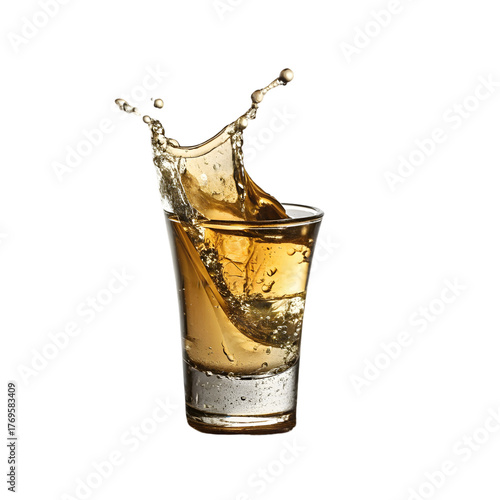 Golden Spirit Splash Shot – Alcoholic Drink Beverage on transparent background
