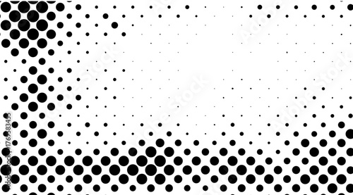 Black and white halftone pattern featuring dynamic gradients of circular dots that transition from dense concentrations to sparse arrangements across a crisp white backdrop