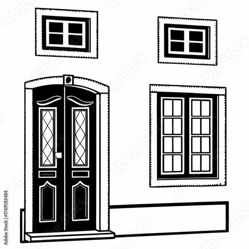 Classic black and white illustration of a grand double door entrance with diamond pane windows and surrounding architectural details
