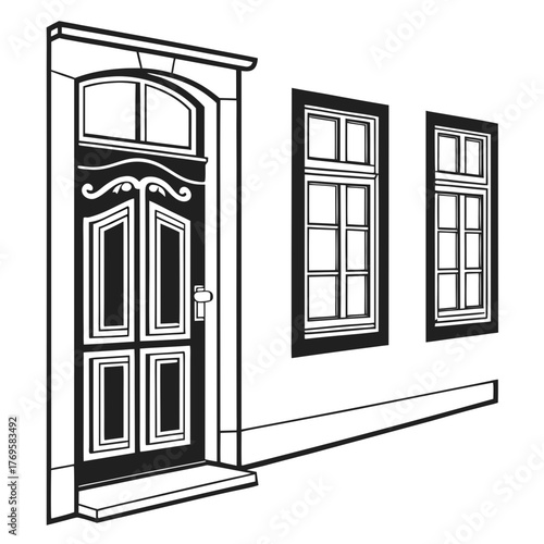Classic black and white illustration of an ornate double door with arched window above and two multi pane windows on a building facade