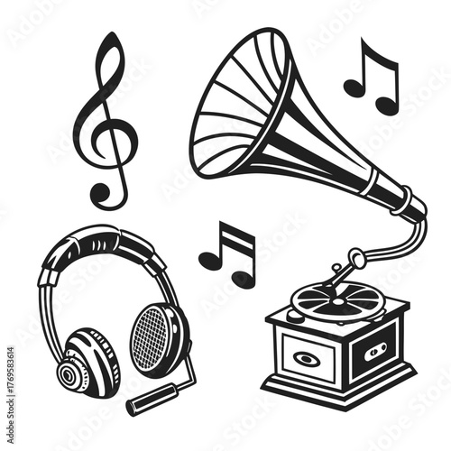Collection of vintage and modern music elements including a gramophone headphones treble clef and musical notes in black and white illustration