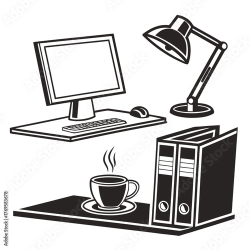 Black and white illustration of a desk with a computer lamp coffee cup and binders for office work