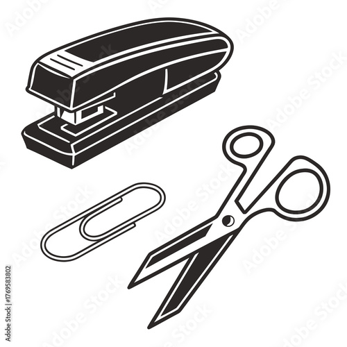 A black and white illustration of a stapler scissors and a paperclip on a white background