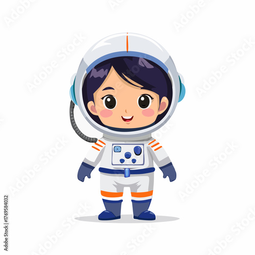 Adorable cartoon astronaut girl character in a futuristic space suit standing on a white background, perfect for children's designs and educational content showcasing space exploration