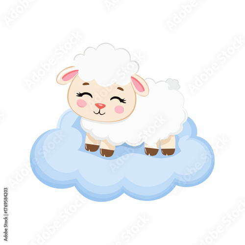 Cute cartoon sheep resting peacefully on a soft, fluffy blue cloud, symbolizing tranquility and sweet dreams