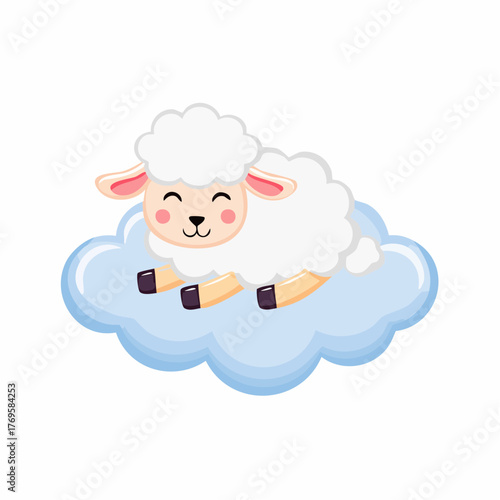 Adorable cartoon sheep peacefully resting on a soft blue cloud, a charming illustration symbolizing sweet dreams, tranquility, and gentle comfort for children's designs and serene concepts
