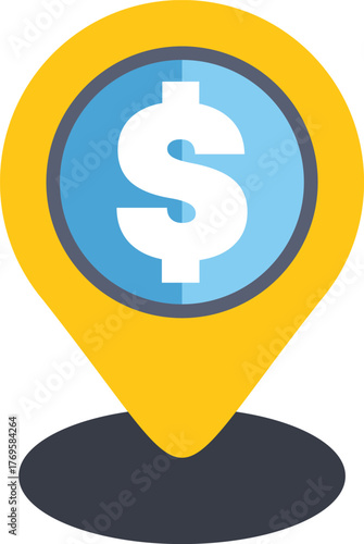 Yellow location pin is pointing a blue circle with a white dollar currency symbol inside