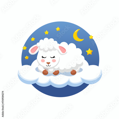 Charming cartoon sheep peacefully asleep on a soft cloud, nestled under a starry night sky with a gentle crescent moon, perfect for themes of sweet dreams, calm, and bedtime