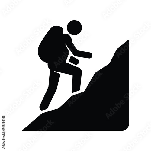 Silhouette hiker with backpack climbing steep rocky mountain slope outdoor adventure and achievement concept isolated on white background