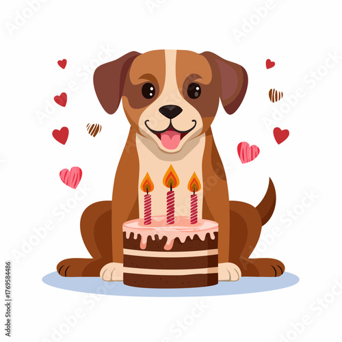 Happy Birthday Dog with Cake and Hearts, Celebrating a Special Day
