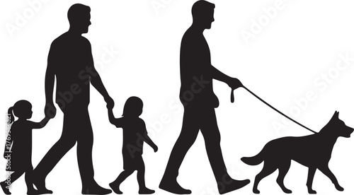 Family Silhouette for Walking Father, Children, and Dog, Illustrating Everyday Life, a Symbol of Togetherness, for Design & Web Use