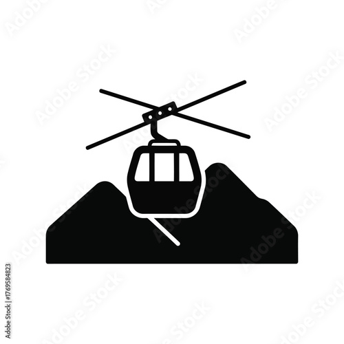 Modern line art icon cable car ascending snowy mountains scenic aerial transportation adventure travel isolated on white background