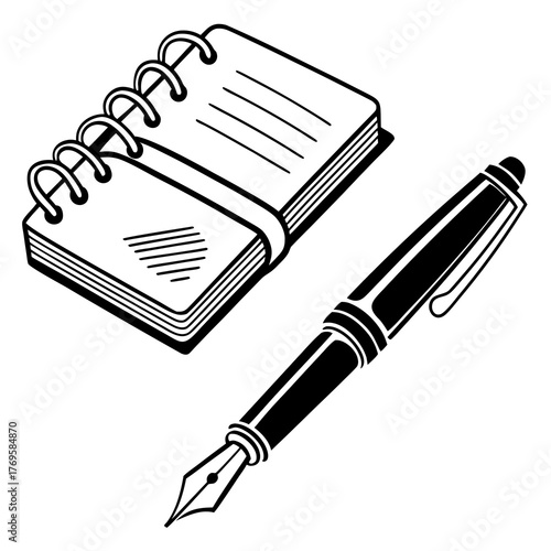 A black and white illustration of a spiral bound notebook and a classic fountain pen on a white background