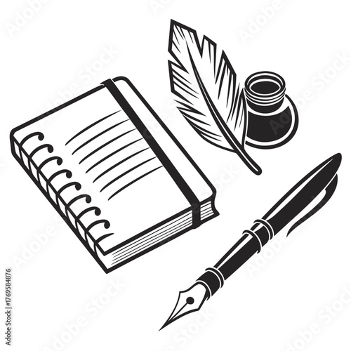 Vintage writing instruments including a feather quill inkwell fountain pen and spiral notebook for creative expression