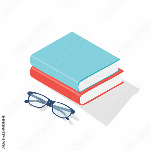 Isometric graphic of stacked colorful books and reading glasses, embodying the essence of education, deep study, and the fascinating journey of intellectual discovery and knowledge