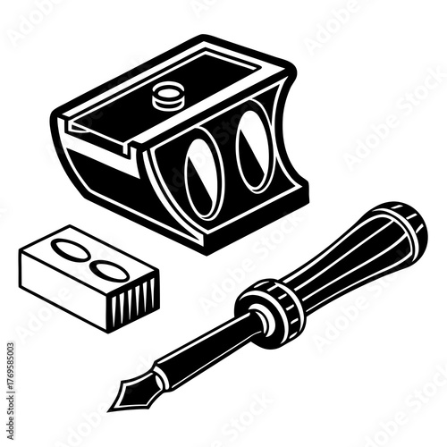 Black and white illustration of a pencil sharpener with two holes and a separate pencil lead refill cartridge next to a screwdriver