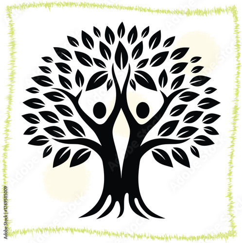 Abstract tree with stylized human figures representing growth community and interconnectedness creating a symbol of shared values and collective effort towards a common goal and representing unity