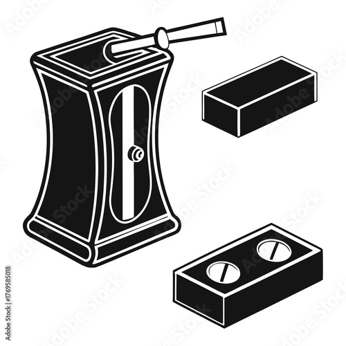 Black and white illustration of a vintage pencil sharpener with a crank and two spare blades on a white background