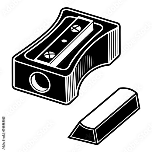 A black and white illustration of a manual pencil sharpener with a pencil lead next to it on a white background