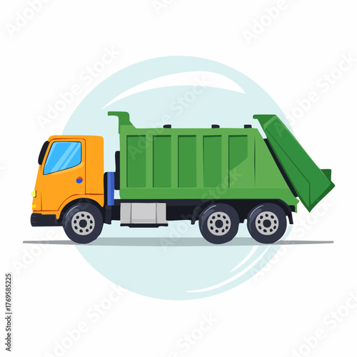 Green garbage truck with yellow cabin for waste collection and recycling on a light blue background