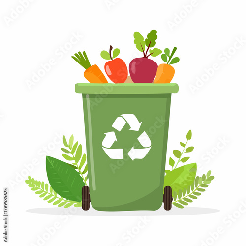 Green recycling bin overflowing with fresh fruits and vegetables, promoting organic waste and sustainable living