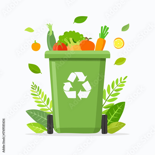 Green compost bin filled with fresh vegetables and fruits, symbolizing organic waste recycling and a sustainable food concept