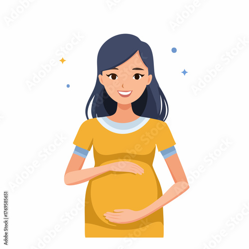 Happy pregnant woman tenderly holding her baby bump. A charming vector illustration of maternity, expectation, and new beginnings