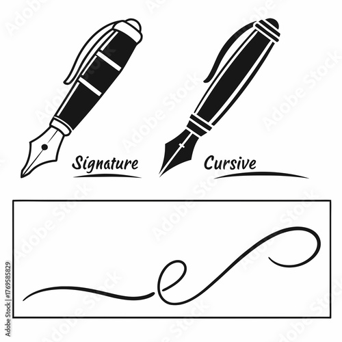 Elegant fountain pens representing signature and cursive writing styles with decorative swirls below