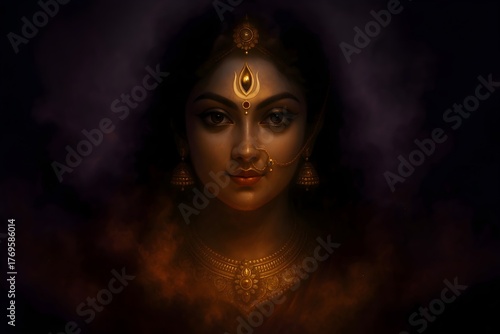 Hindu Goddess Durga face in the yellow smoke background