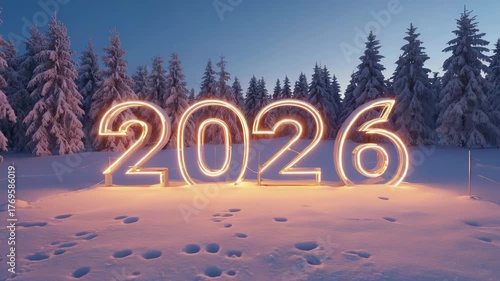 Glowing 2026 numbers illuminate a snowy winter forest landscape at dusk with footprints in the