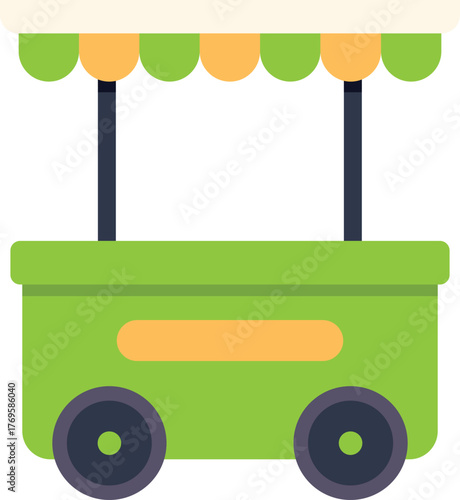 This colorful vector illustration features a green wheeled food cart waiting for customers at the market