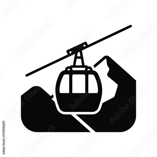 Modern gondola cable car traveling over snowy mountain peak symbol icon isolated on white background
