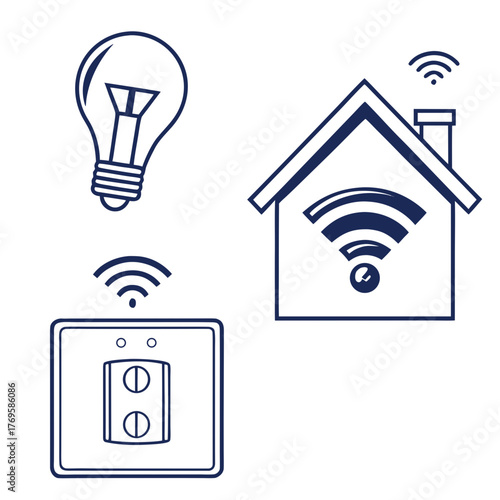 Smart home technology concept with icons representing a light bulb a house with wi fi signal and a remote control for automation