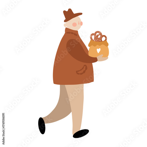 An adult man in a hat and coat carries a bag of baked goods. Vector color flat illustration of a man with bagels. Simple clipart isolated on a white background