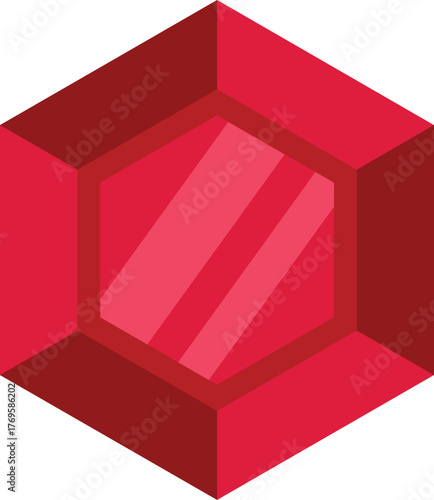This vector illustration features a red hexagonal gemstone, sparkling and gleaming in the light