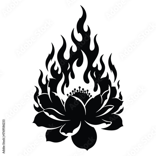 Lotus Flower in Flames Black and White Symbolic Vector Graphic