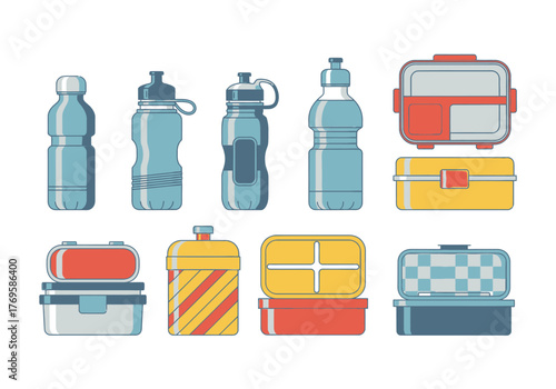 Colorful Water Bottles and Lunch Boxes Vector Illustration Line Art Style.