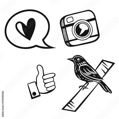 Hand drawn social media icons including a speech bubble with a heart a vintage camera a thumbs up gesture and a bird on a perch